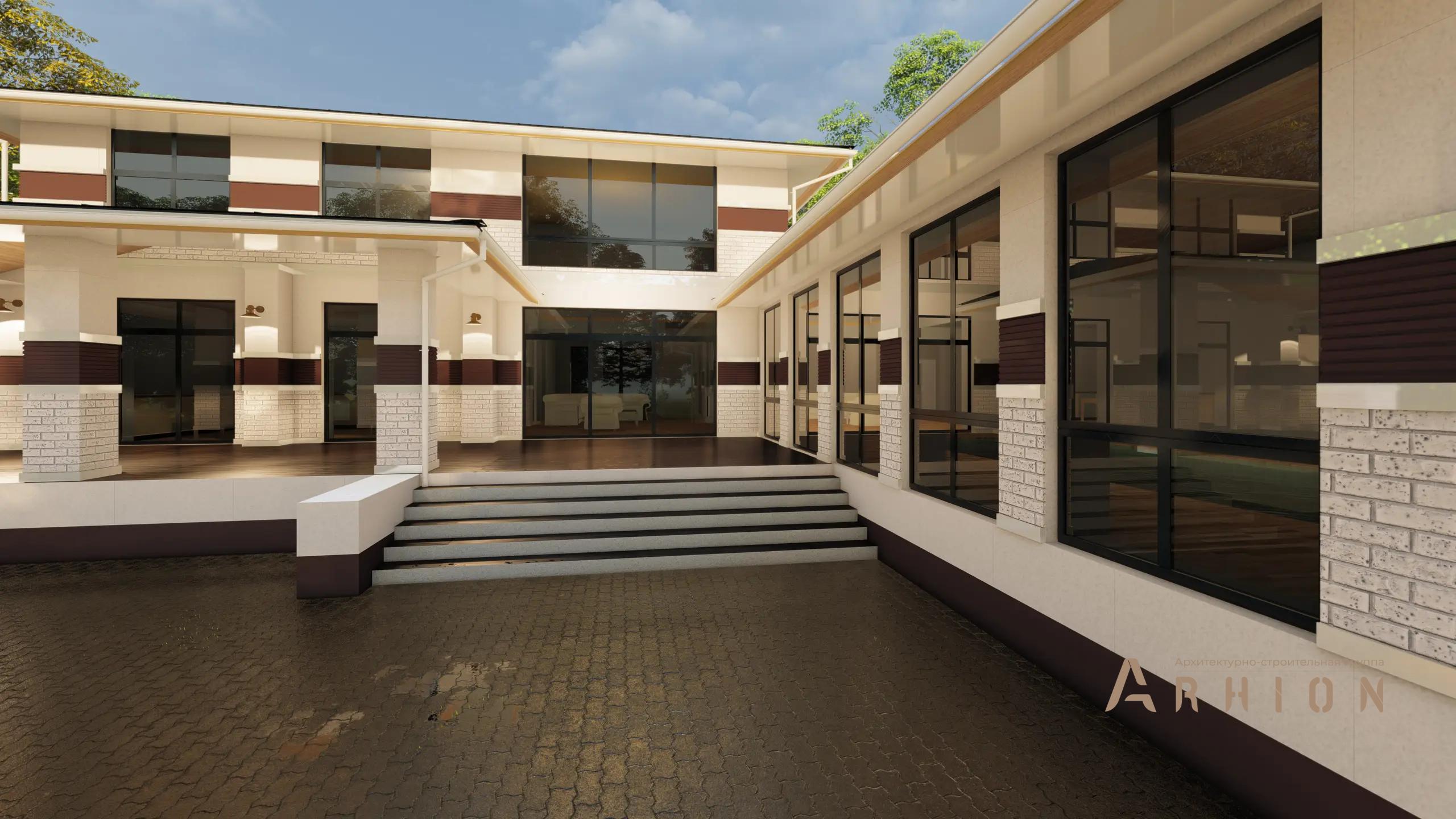 9. Проект двухэтажного дома в стиле Ллойда Райта (прерий) с многоскатной кровлей, H-1136, площадью - 493 кв c сауной, терассой, гаражом, бассейном